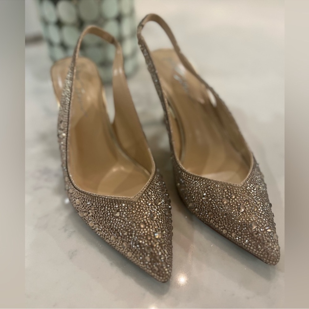 Betsey Johnson Champagne Pearl Embellished Slingback Heels - Picture 3 of 6